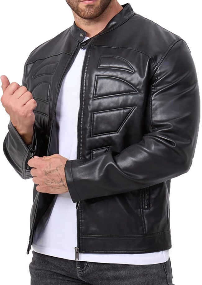 Men Motorcycle PU Leather Jackets Stand Collar Biker Windbreaker Zip-up Slim Fit Outwear