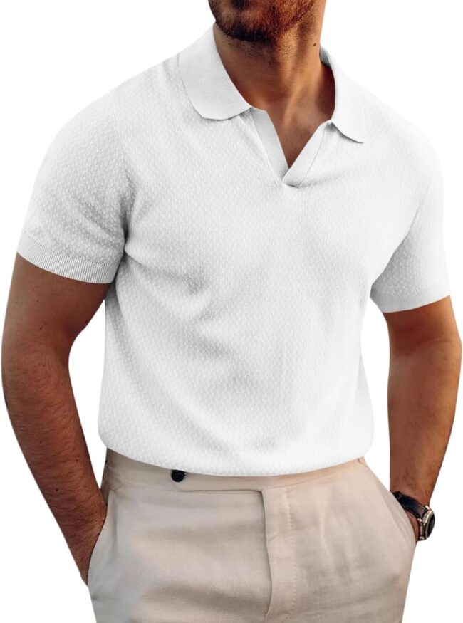 Mens Knitted Polo Shirt Muscle Short Sleeve V Neck Stretch Casual Slim Fit Vintage Ribbed Golf T-Shirt