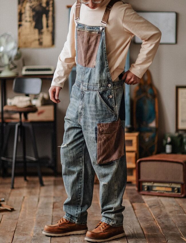Men's Baggy Denim Bib Overalls Vintage Contrast Distressed Fashion Loose Fit Workwear Coveralls with Big Pockets - Image 2
