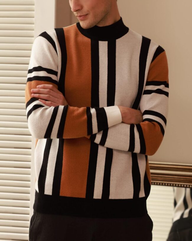 Mens Mock Turtleneck Sweater Vintage Striped Pullover Sweater Fashion Jumper Sweater - Image 2