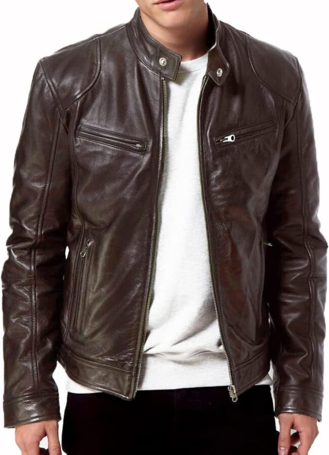 Men Black Genuine Lambskin Leather Biker Jacket  BROWN MOTORCYCLE JACKETS FOR MEN - Image 2