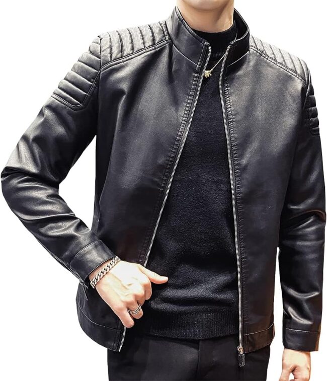 Men Casual Stand Collar Slim Fit Faux Leather Jacket Biker Motorcycle Jacket - Image 2