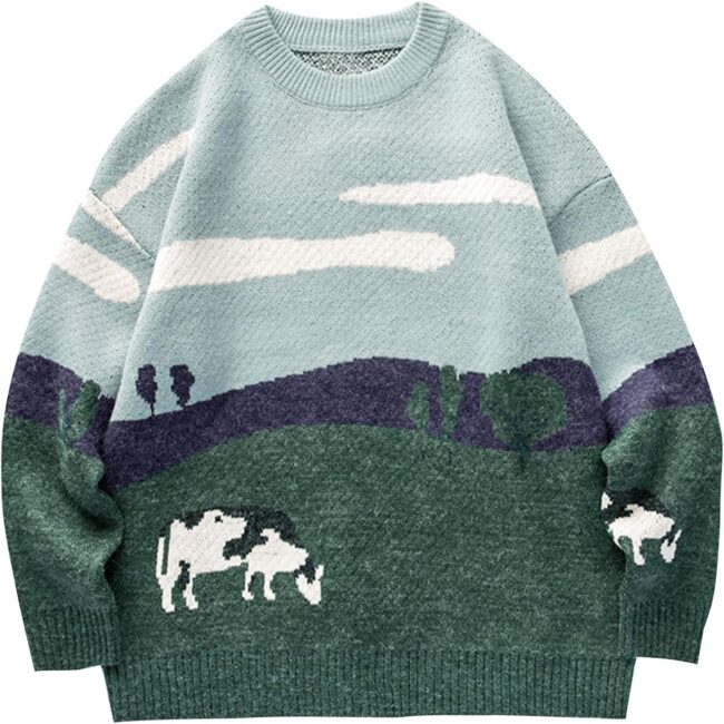 Mens Vintage Oversized Sweater Cow Long Sleeve Crew Neck Knitted Grassland Pullover Jumper Unisex Tops
