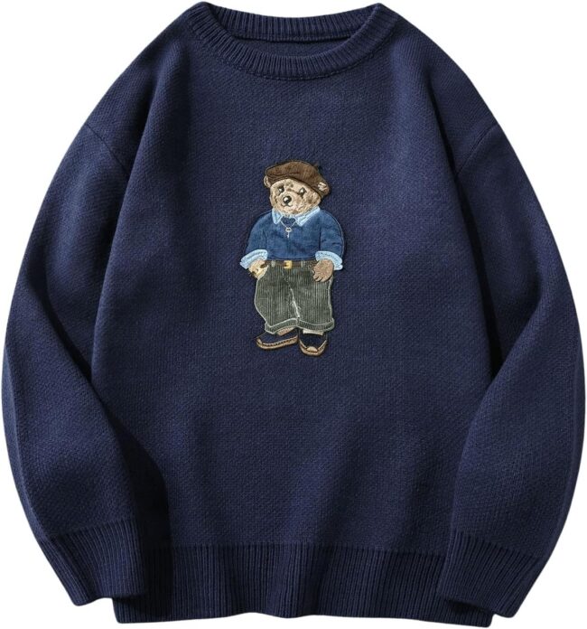 Men's Oversized Crew Neck Cute Bear Sweater Vintage Unisex Preppy Sweater Jumper
