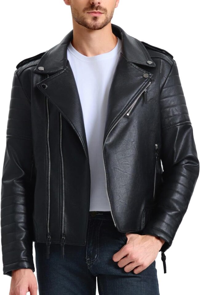 Men Leather Jackets, Faux Bomber Jacket for Men Motorcycle Lapel Asymmetric Zip-Up Slim Fit Biker Coat