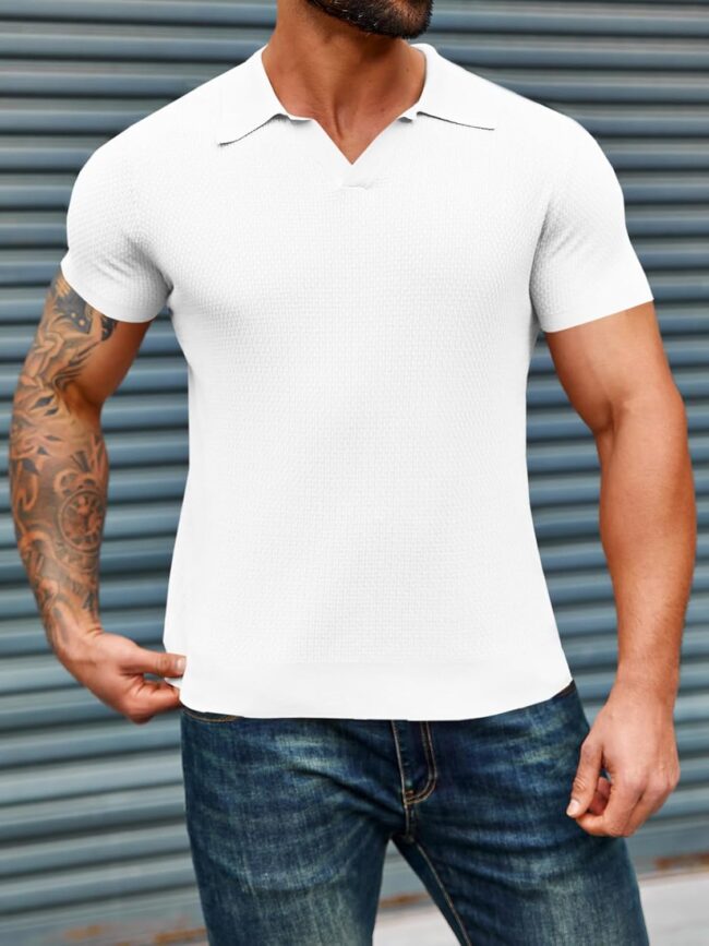 Mens Knitted Polo Shirt Muscle Short Sleeve V Neck Stretch Casual Slim Fit Vintage Ribbed Golf T-Shirt - Image 2