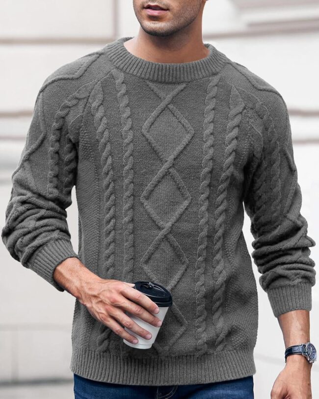 Mens Cable Knit Pullover Sweater Winter Crew Neck Long Sleeve Ribbed Vintage Sweaters - Image 2