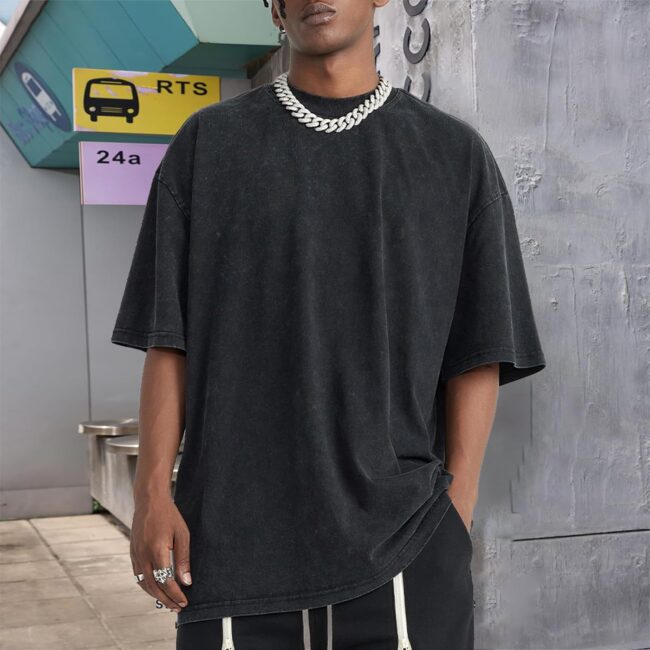 Oversized Vintage Acid Wash Tshirt for Men Cotton Solid T Shirt Streetwear Basic Tees Casual Baggy Loose Shirts Tops - Image 2