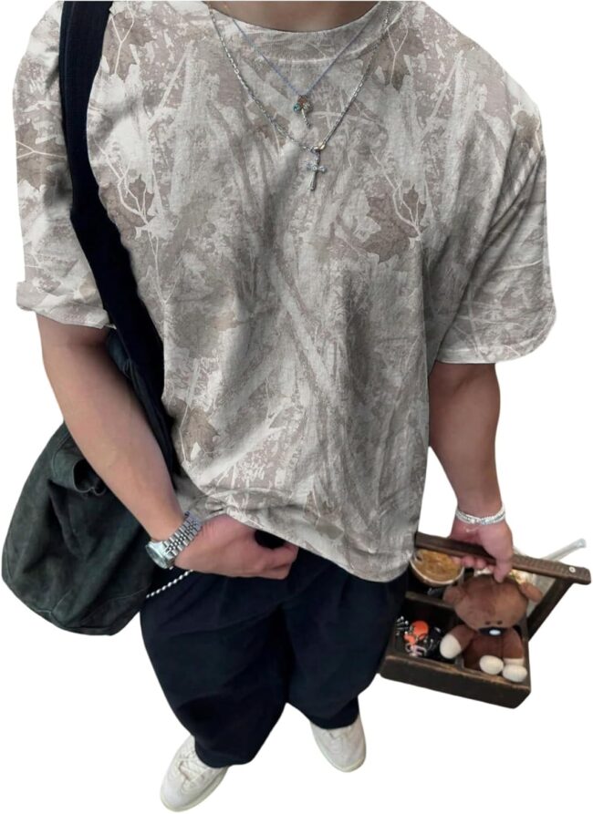 Men's Camo T Shirt Short Sleeve Maple Leaf Print Vintage Tees Summer Tops Streetwear