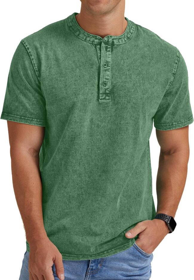 Mens Distressed Henley Shirts Casual Washed T-Shirts Retro Short Sleeve Tee Cotton Shirts - Image 2