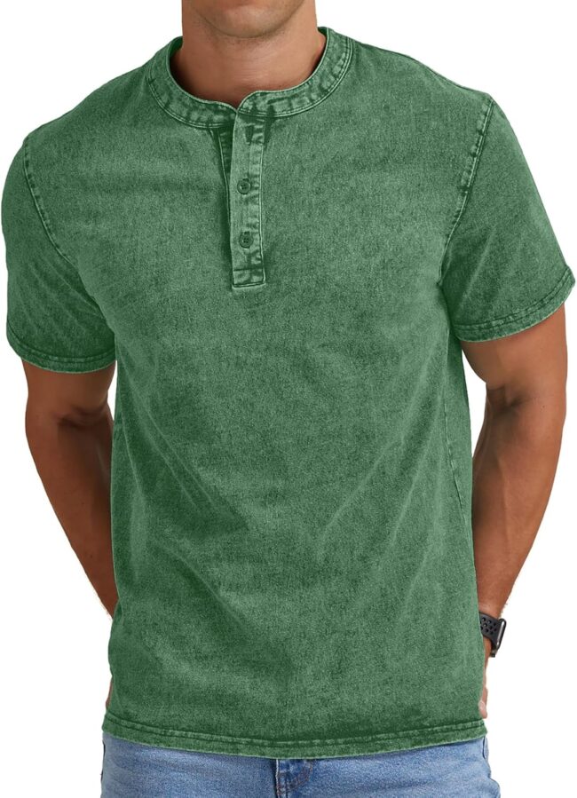 Mens Distressed Henley Shirts Casual Washed T-Shirts Retro Short Sleeve Tee Cotton Shirts