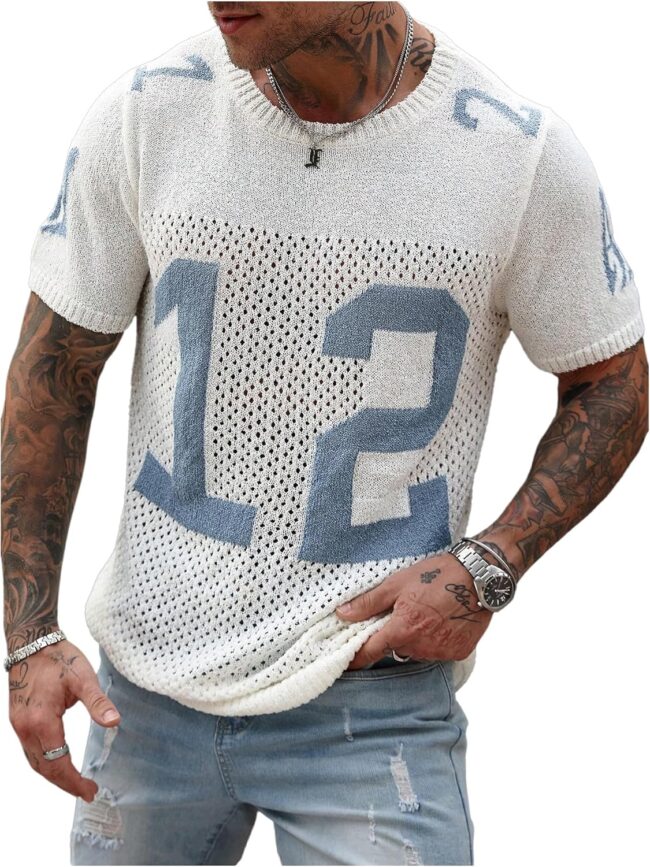 Men's Jersey Shirts Vintage Crochet Knit Tops Letter Print Short Sleeve Round Neck Lightweight Sweaters Top