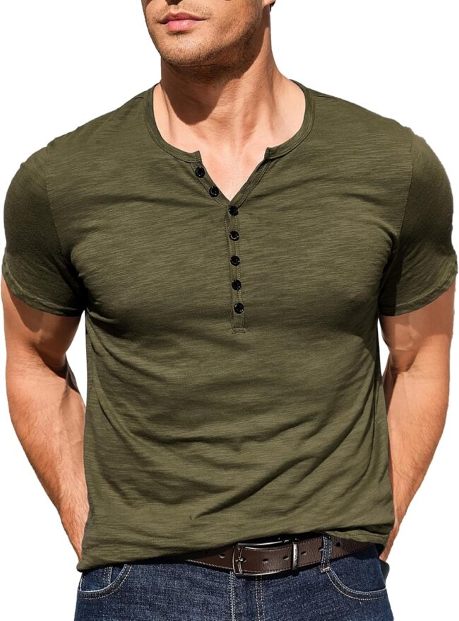 Men's Henley Shirts Short Sleeve Muscle Fit Shirts Vintage Casual Button V Neck T-Shirts for Men - Image 2